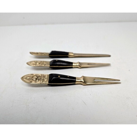 Vintage Cocktail Fork & Mini Spreader Buddha Bronze Brass Rosewood Siam Thailand - Picture 4 of 9